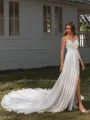 A-line V-neck Pleated Cathedral Train Chiffon Wedding Dress