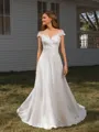 A-line Off-the-Shoulder Appliques Lace Cathedral Train Chiffon Wedding Dress