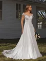 A-line Off-the-Shoulder Appliques Lace Cathedral Train Chiffon Wedding Dress