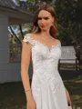 A-line Off-the-Shoulder Appliques Lace Cathedral Train Chiffon Wedding Dress