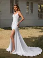 Sheath V-neck Pleated Court Train Stretch Crepe Wedding Dress