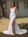 Sheath V-neck Pleated Court Train Stretch Crepe Wedding Dress