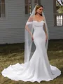 Sheath Off-the-Shoulder Pleated Cathedral Train Stretch Crepe Wedding Dress