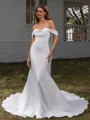 Sheath Off-the-Shoulder Pleated Cathedral Train Stretch Crepe Wedding Dress