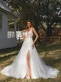 A-line V-neck Appliques Lace Chapel Train Tulle Wedding Dress