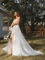 A-line V-neck Appliques Lace Chapel Train Tulle Wedding Dress