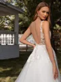 A-line V-neck Appliques Lace Chapel Train Tulle Wedding Dress