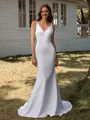 Sheath V-neck Appliques Lace Court Train Stretch Crepe Wedding Dress
