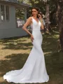 Sheath V-neck Court Train Stretch Crepe Wedding Dress