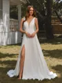 A-line V-neck Sweep Train Chiffon Wedding Dress