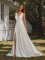 A-line V-neck Sweep Train Chiffon Wedding Dress
