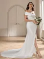 Sheath Off-the-Shoulder Pleated Cathedral Train Charmeuse Corset Wedding Dress