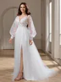 A-line V-neck Long Sleeves Appliques Lace Court Train Tulle Wedding Dress