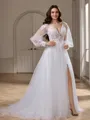 A-line V-neck Long Sleeves Appliques Lace Court Train Tulle Wedding Dress