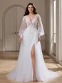 A-line V-neck Long Sleeves Appliques Lace Court Train Tulle Wedding Dress