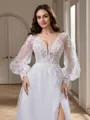A-line V-neck Long Sleeves Appliques Lace Court Train Tulle Wedding Dress