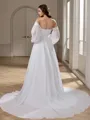 A-line Off-the-Shoulder Long Sleeves Pleated Court Train Chiffon Wedding Dress