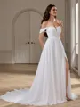 A-line Off-the-Shoulder Long Sleeves Pleated Court Train Chiffon Wedding Dress