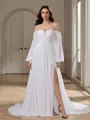 A-line Off-the-Shoulder Long Sleeves Pleated Court Train Chiffon Wedding Dress
