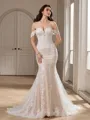 Sheath Off-the-Shoulder Appliques Lace Chapel Train Lace Wedding Dress