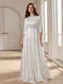 A-line Bateau 3/4 Sleeves Floor-Length Stretch Crepe Wedding Dress