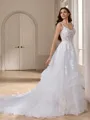 Ball-Gown V-neck Appliques Lace Cathedral Train Tulle Wedding Dress
