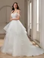 Ball-Gown Off-the-Shoulder Cascading Ruffles Court Train Tulle Corset Wedding Dress