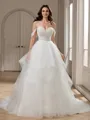 Ball-Gown Off-the-Shoulder Cascading Ruffles Court Train Tulle Corset Wedding Dress