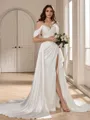 A-line Cold Shoulder Pleated Court Train Charmeuse Wedding Dress