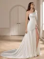 Sheath One-Shoulder Bow Chapel Train Charmeuse Wedding Dress