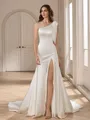 Sheath One-Shoulder Bow Chapel Train Charmeuse Wedding Dress