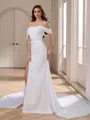 Sheath Off-the-Shoulder Pleated Cathedral Train Charmeuse Wedding Dress