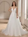A-line V-neck Appliques Lace Court Train Tulle Wedding Dress