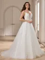 A-line V-neck Appliques Lace Court Train Tulle Wedding Dress
