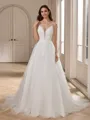 A-line V-neck Appliques Lace Court Train Tulle Wedding Dress