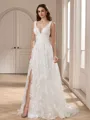 A-line V-neck Appliques Lace Court Train Lace Wedding Dress