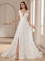 A-line V-neck Appliques Lace Court Train Lace Wedding Dress
