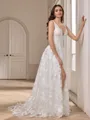 A-line V-neck Appliques Lace Court Train Lace Wedding Dress
