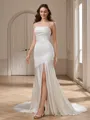 Sheath Spaghetti Straps Pleated Chapel Train Silk Like Satin Wedding Dress