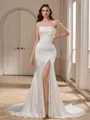 Sheath Spaghetti Straps Pleated Chapel Train Silk Like Satin Wedding Dress