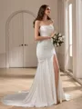 Sheath Spaghetti Straps Pleated Chapel Train Silk Like Satin Wedding Dress