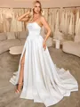 A-line Straight Pleated Sweep Train Satin Corset Wedding Dress