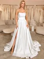 A-line Straight Pleated Sweep Train Satin Corset Wedding Dress