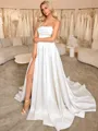 A-line Straight Pleated Sweep Train Satin Corset Wedding Dress