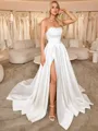 A-line Straight Pleated Sweep Train Satin Corset Wedding Dress