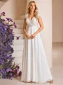 A-line V-neck Short Sleeves Appliques Lace Floor-Length Chiffon Wedding Dress