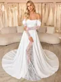 A-line Off-the-Shoulder Appliques Lace Chapel Train Stretch Crepe Corset Wedding Dress