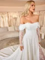 A-line Off-the-Shoulder Appliques Lace Chapel Train Stretch Crepe Corset Wedding Dress