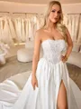 Ball-Gown Straight Appliques Lace Cathedral Train Satin Corset Wedding Dress