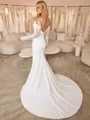 Sheath Spaghetti Straps Long Sleeves Pleated Court Train Stretch Crepe Wedding Dress